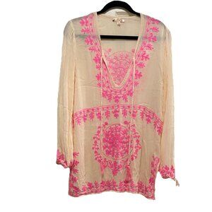 RISE & BLOOM White and Pink Embroidered Gauzy Tunic Top  Sz S